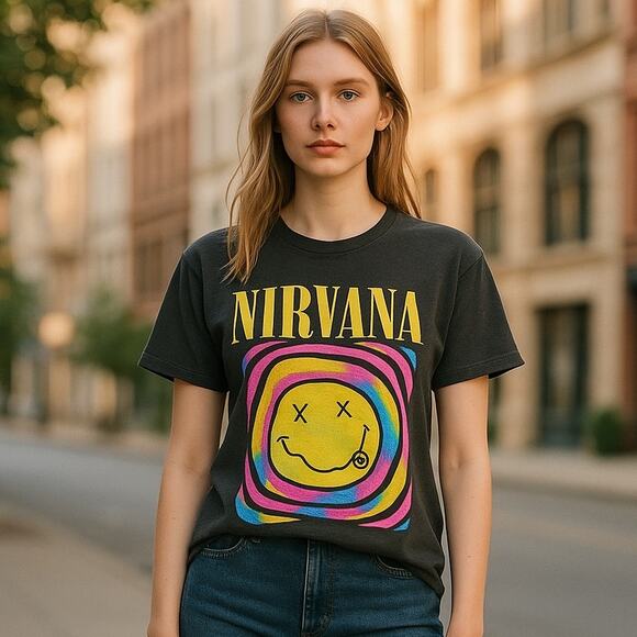 NIRVANA Tops - NIRVANA Smiley Large Black Psychedelic Colorful Graphic Band T-Shirt Medium (?)